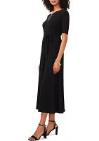 Women's Short Sleeve Solid Tie Waist Fit and Flare Dress