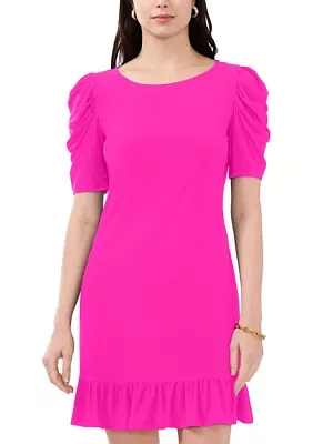 Women's Puffed Sleeve Solid Ruffle Hem A-Line Dress