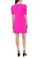 Women's Puffed Sleeve Solid Ruffle Hem A-Line Dress