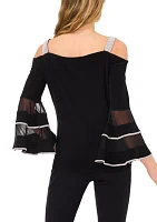 Women's Square Neck Cold Shoulder Embellished Long Sleeve Top