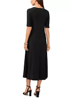 Women's Short Sleeve V-Neck Knot Front Solid Fit and Flare Dress