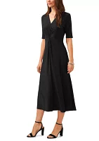 Women's Short Sleeve V-Neck Knot Front Solid Fit and Flare Dress