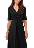 Women's Short Sleeve V-Neck Knot Front Solid Fit and Flare Dress