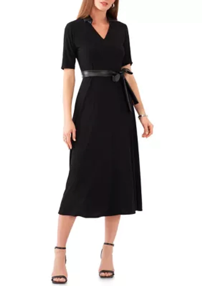 Women's Short Sleeve Leather Belt Solid Fit and Flare Dress