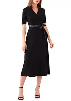 Women's Short Sleeve Leather Belt Solid Fit and Flare Dress