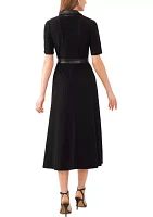 Women's Short Sleeve Leather Belt Solid Fit and Flare Dress