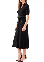 Women's Short Sleeve Leather Belt Solid Fit and Flare Dress