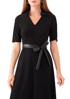 Women's Short Sleeve Leather Belt Solid Fit and Flare Dress