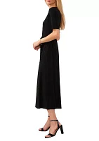 Women's Short Sleeve V-Neck Tie Waist Solid Dress