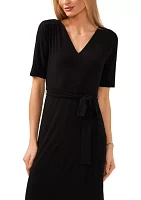 Women's Short Sleeve V-Neck Tie Waist Solid Dress