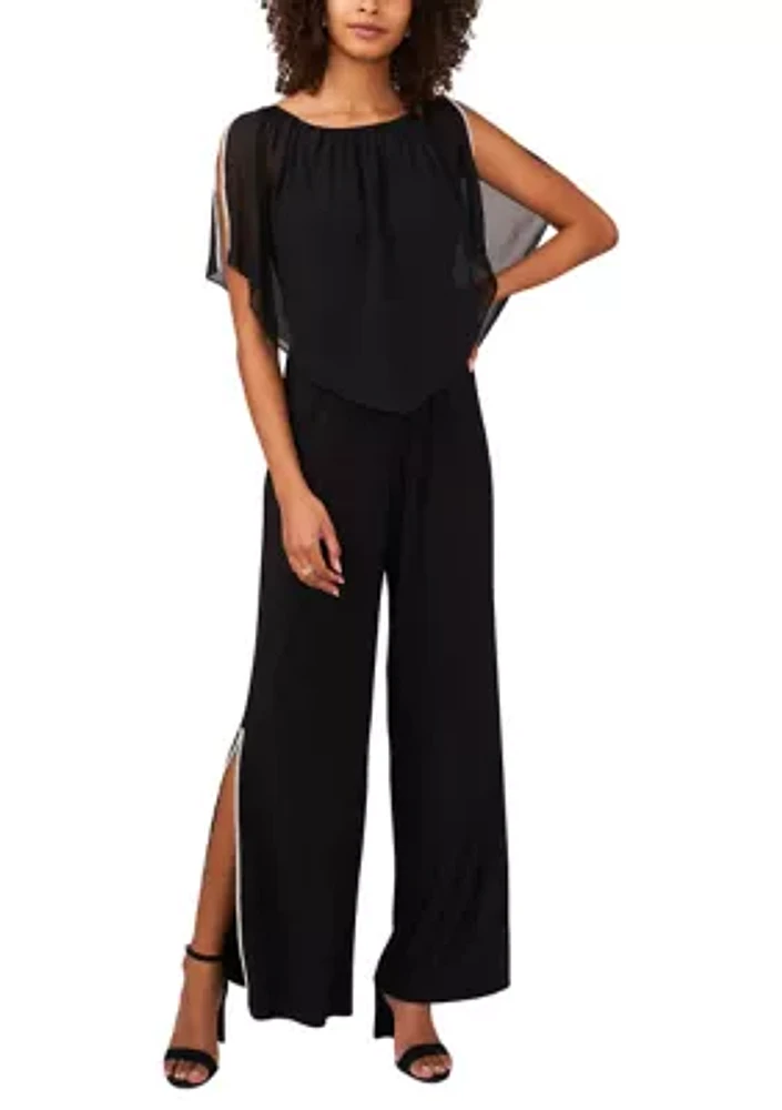 Women's Split Sleeve Sheer Overlay Solid Jumpsuit