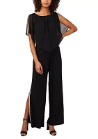 Women's Split Sleeve Sheer Overlay Solid Jumpsuit