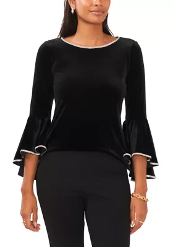 Women's Bell Sleeve Velvet Top with Rhinestone Trim