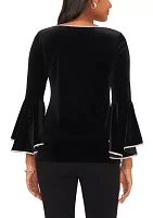 Women's Bell Sleeve Velvet Top with Rhinestone Trim