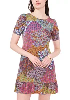 Women's Puff Sleeve Crew Neck Printed A-Line Dress