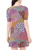 Women's Puff Sleeve Crew Neck Printed A-Line Dress