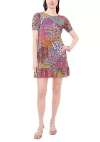 Women's Puff Sleeve Crew Neck Printed A-Line Dress