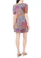 Women's Puff Sleeve Crew Neck Printed A-Line Dress