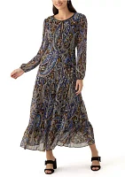 Women's Long Sleeve Paisley Print Tiered Midi Chiffon Fit and Flare Dress