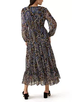 Women's Long Sleeve Paisley Print Tiered Midi Chiffon Fit and Flare Dress