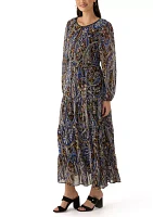 Women's Long Sleeve Paisley Print Tiered Midi Chiffon Fit and Flare Dress