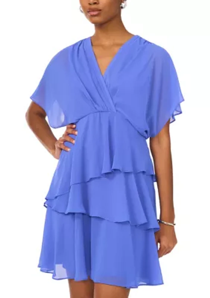 Women's Short Sleeve V-Neck Solid Chiffon Fit and Flare Dress