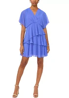 Women's Short Sleeve V-Neck Solid Chiffon Fit and Flare Dress