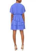 Women's Short Sleeve V-Neck Solid Chiffon Fit and Flare Dress