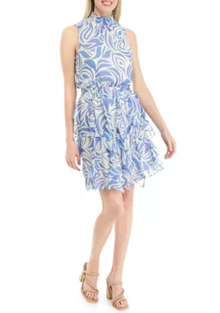 Women's Sleeveless Mock Neck Abstract Print Ruffle Fit and Flare Dress