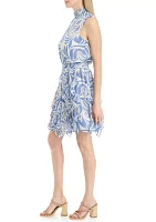 Women's Sleeveless Mock Neck Abstract Print Ruffle Fit and Flare Dress