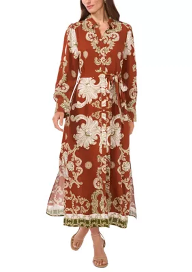MSK Women's Long Sleeve V-Neck Tie Waist Printed Challis A-Line Maxi Dress  | The Summit