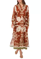 Women's Long Sleeve V-Neck Tie Waist Printed Challis A-Line Maxi Dress