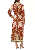 Women's Long Sleeve V-Neck Tie Waist Printed Challis A-Line Maxi Dress