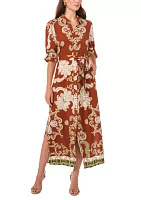 Women's Long Sleeve V-Neck Tie Waist Printed Challis A-Line Maxi Dress