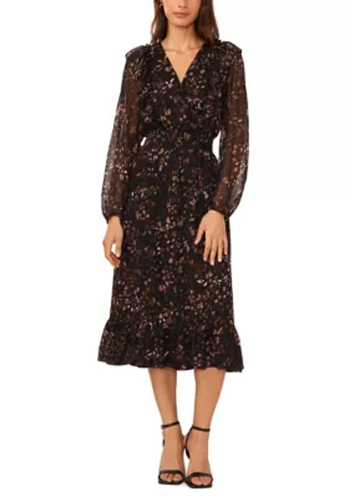 Women's Long Sleeve V-Neck Floral Print Belted Chiffon Midi Fit and Flare Dress