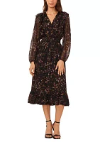 Women's Long Sleeve V-Neck Floral Print Belted Chiffon Midi Fit and Flare Dress