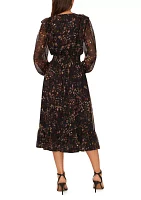 Women's Long Sleeve V-Neck Floral Print Belted Chiffon Midi Fit and Flare Dress