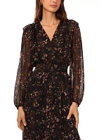 Women's Long Sleeve V-Neck Floral Print Belted Chiffon Midi Fit and Flare Dress