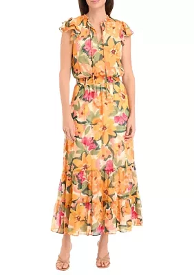 Women's Flutter Sleeve Tie Neck Maxi Dress