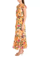 Women's Flutter Sleeve Tie Neck Maxi Dress