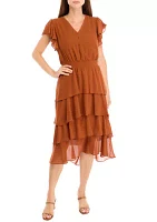 Women's Flutter Sleeve V-Neck Button Detail Tiered Dress