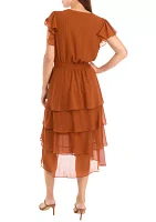 Women's Flutter Sleeve V-Neck Button Detail Tiered Dress