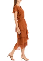 Women's Flutter Sleeve V-Neck Button Detail Tiered Dress