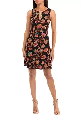 Women's Sleeveless Crew Neck 3 Ring Detail Floral Print A-Line Dress