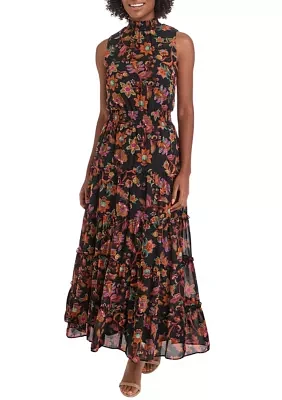 Women's Sleeveless Mock Neck Floral Print Belted Midi Chiffon Fit and Flare Dress