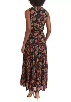 Women's Sleeveless Mock Neck Floral Print Belted Midi Chiffon Fit and Flare Dress