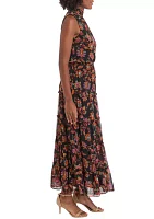 Women's Sleeveless Mock Neck Floral Print Belted Midi Chiffon Fit and Flare Dress