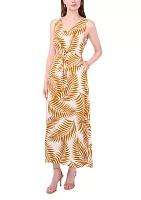 Women's Sleeveless V-Neck Printed Tie Waist Challis Maxi Dress