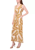 Women's Sleeveless V-Neck Printed Tie Waist Challis Maxi Dress