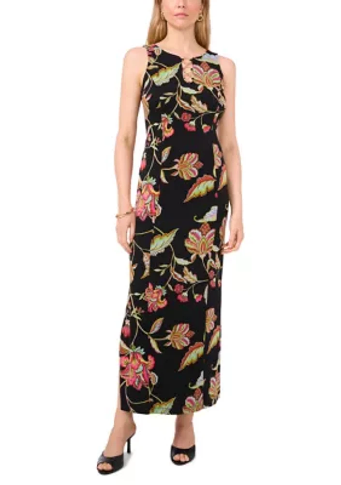 Women's 3 Ring Detail Floral Printed Sleeveless Maxi Dress